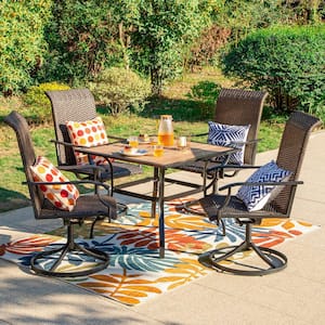 5-Piece Patio Outdoor Dining Set with Square Wood-look Tabletop and Rattan Swivel Chair