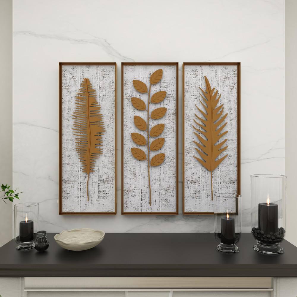 Gold and White Rectangular 3D Leaf Wall Sculpture Set