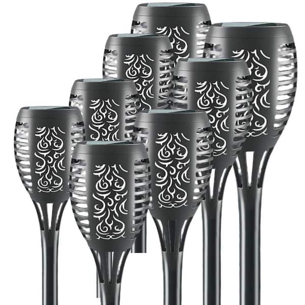8-Pack Black ABS Solar Flickering Flame Tiki Torch Lights Outdoor Waterproof for Garden Patio Pathway Decor