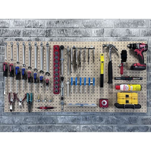 24 In. W x 48 In. H x 1/4 In. D Natural Heavy Duty HDF Round Hole Pegboards with 36 pc. Locking Hook Assortment