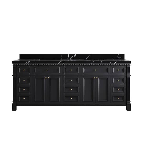 Willow Collections Paris 84 in. Double Sink Freestanding White Bath Vanity with Calacatta Black Qt. Top