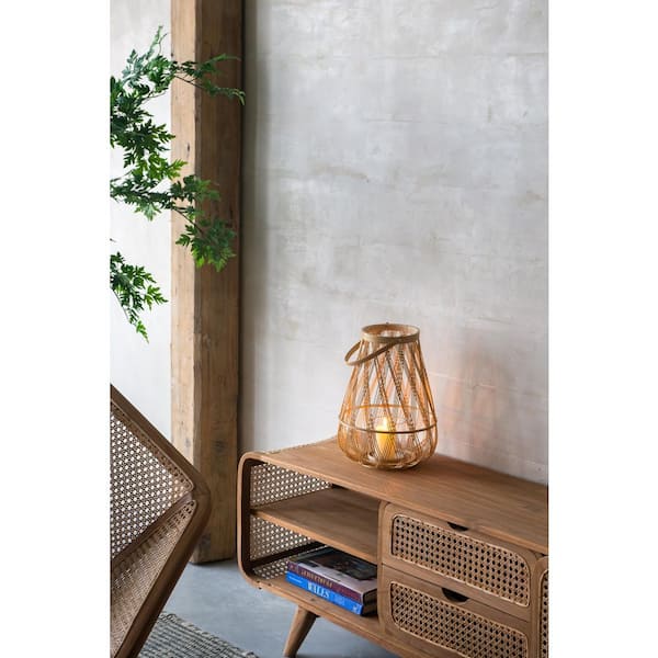 Sienna Beige Bamboo & Glass Candle Holder Lantern 1-Pack-with Rope Handle, Glass Hurricane Center, Ideal for Coastal