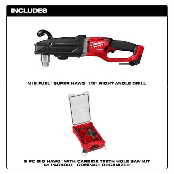 M18 FUEL 18-Volt Lithium-Ion Brushless Cordless GEN 2 Super Hawg 1/2 in. Right Angle Drill w/9pc PACKOUT Hole Saw Kit