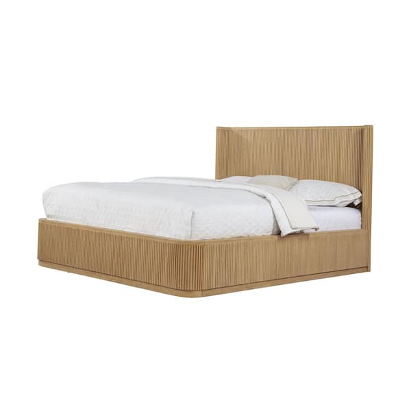 Qetora Beige Wood Frame Organic Modern California King Platform Bed with Fluted Panels
