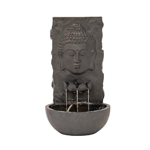 30 in. H Fiber Resin Wall Buddha Zen Outdoor Garden Water Fountain w/ warm LED Light, Black