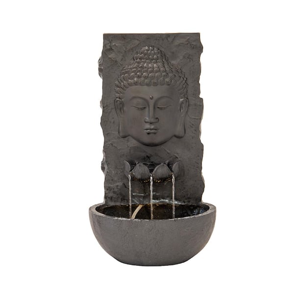 XBRAND 30 in. H Fiberglass Wall Buddha Zen Outdoor Garden Waterfall Fountain w/ warm LED Light, Black