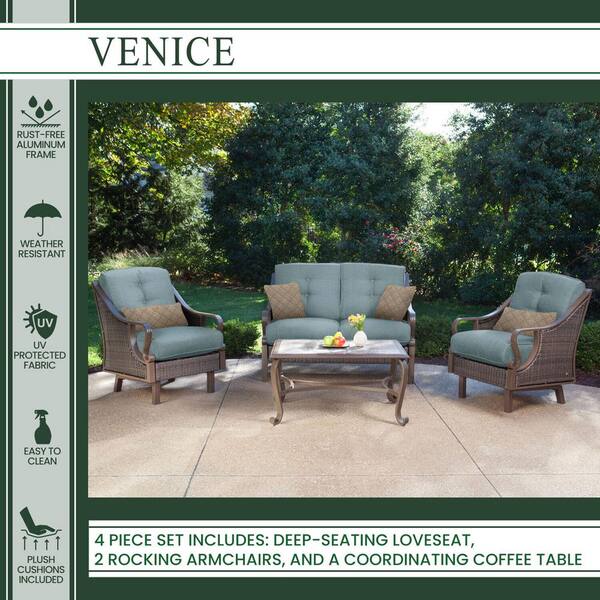 Hanover Ventura 4 Piece All Weather Wicker Patio Seating Set With Ocean Blue Cushions Ventura4pc Blu The Home Depot Hanover Ventura 4 Piece All Weather, Patio Furniture Sets Clearance Outdoor Conversation With Weather Resistant Cushions