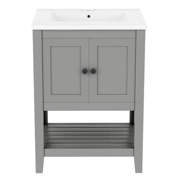 Baye 24 in. W Freestanding Gray Bath Vanity with White Ceramic Top Unassembled