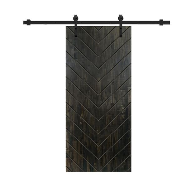 CALHOME Herringbone 30 in. x 84 in. Fully Assembled Charcoal Black Stained Wood Modern Sliding Barn Door with Hardware Kit