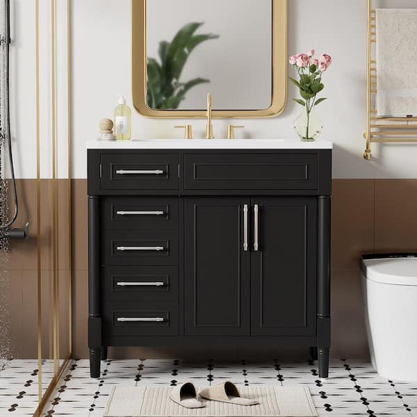 Modern Style 18 in. W x 36 in. D x 34 in. H Freestanding Bath Vanity in Black with Ceramic Sink Top & Adjustable Shelf