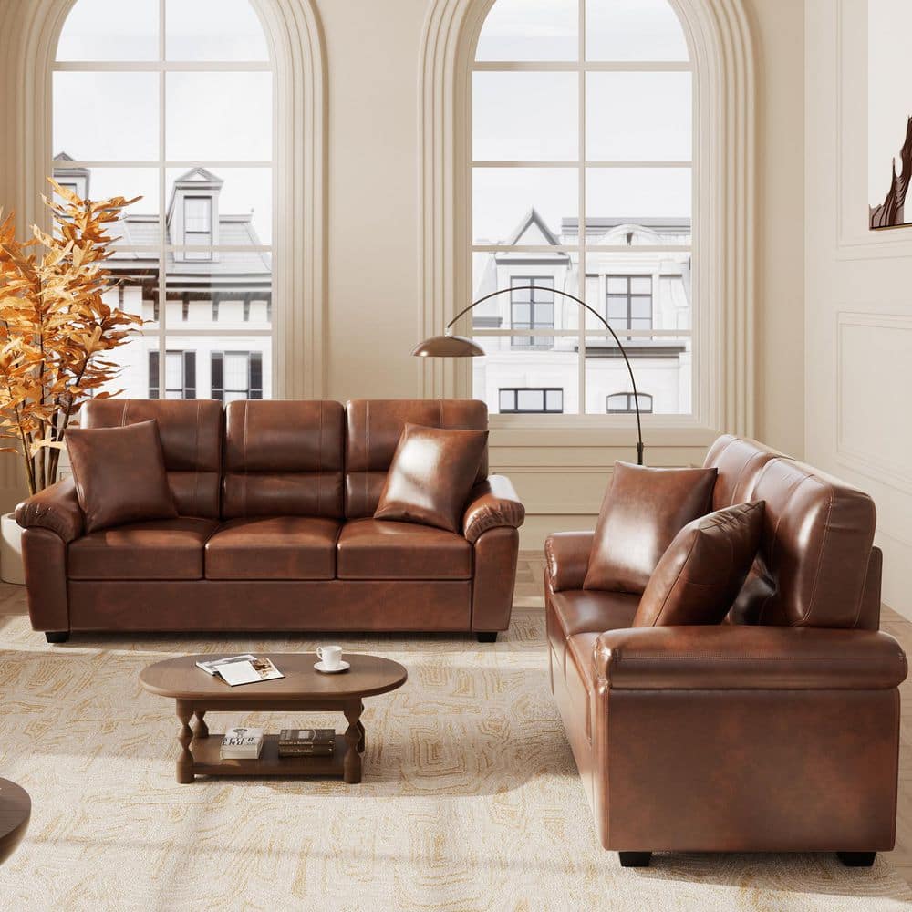 Morden Fort 2-Pieces Glam Mid-Century Couch Set Brown Faux Leather