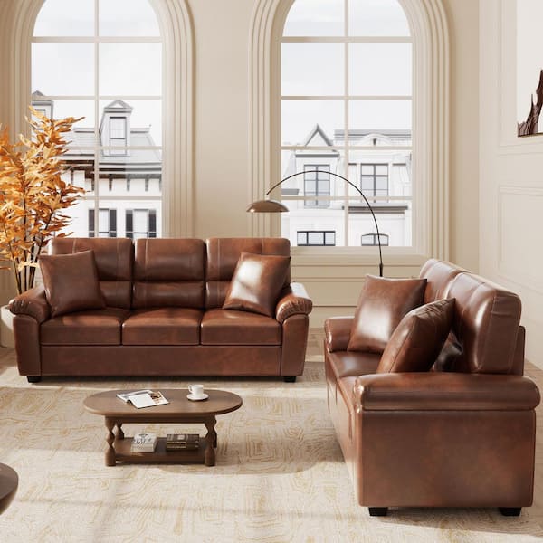 Morden Fort 2-Pieces Glam Mid-Century Couch Set Brown Faux Leather Sofa Loveseat Living Room Set with Pillows