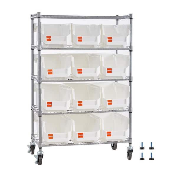 5-Tier Rolling Bin Storage Rack, 12 Organizer Bins, Bin Rack Storage Steel Wire Shelving System with Wheels for Garage