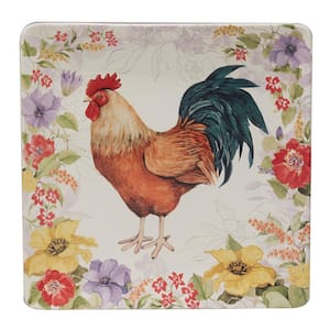 Floral Rooster 12.5 in. Assorted Colors Earthenware Square Platter