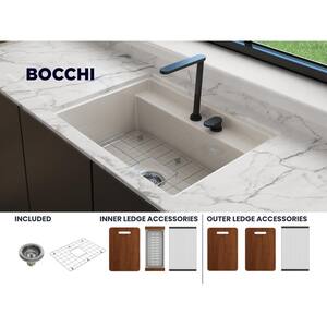 Baveno Uno Biscuit Fireclay 27 in. Single Bowl Undermount/Drop-In 2-hole Kitchen Sink w/Integrated WS and Acc.
