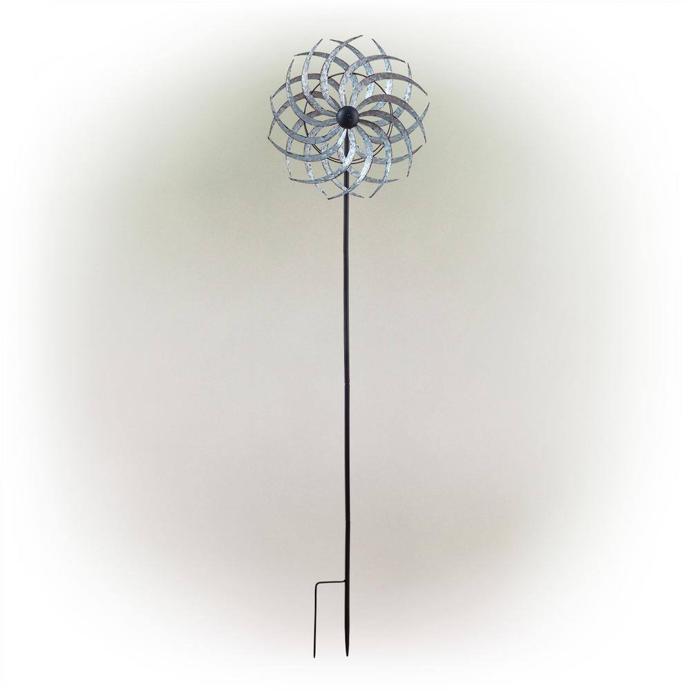 58 in. Tall Outdoor Galvanized Metal Dual Windmill Spinner Stake Yard Decor