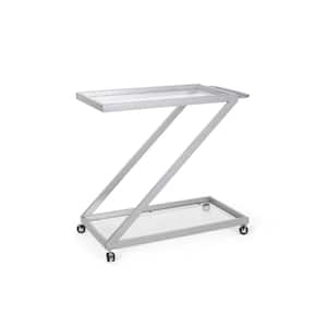 Z-Shaped Frame Patio Bar Serving Cart with Transluscent Tempered Glass Shelves in White