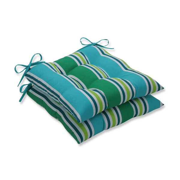 Pillow Perfect Striped 19 in. x 18.5 in. Outdoor Dining Chair Cushion in Blue/Green Aruba (Set of 2)
