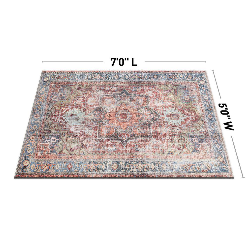 Vintage Red and Blue Synthetic Flat Woven 5' x 7' Area Rug