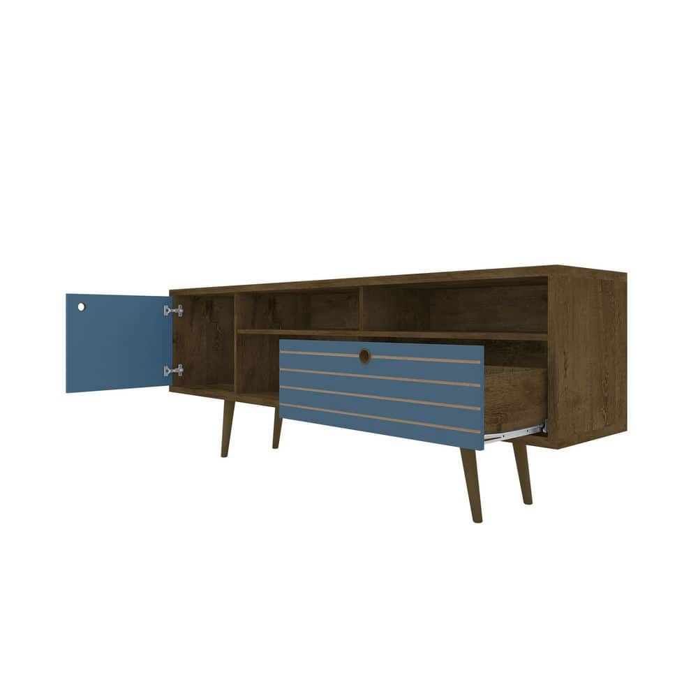 Mid-Century Modern Brown and Blue TV Stand with Cabinet
