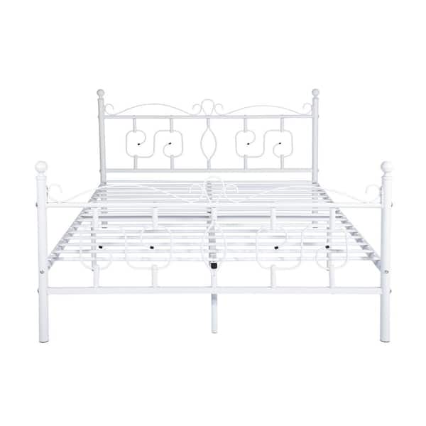 Furniturer Conway Doublebed White Full Platform Bed Metal Frame, Single Bed Frame Sizes Uk