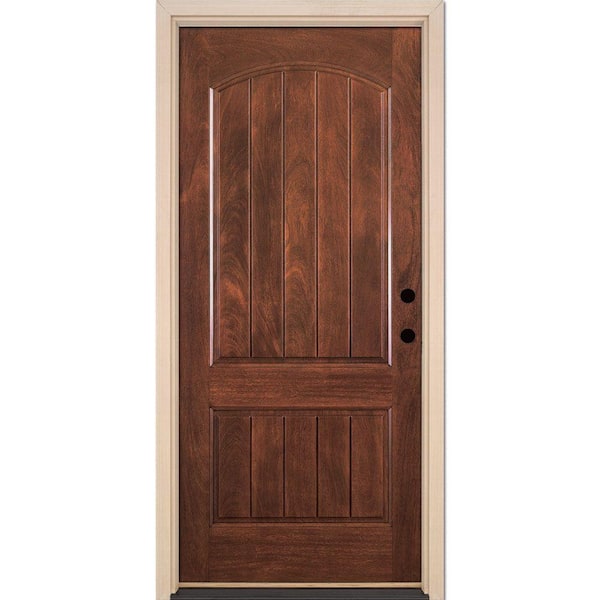 Feather River Doors 37.5 in. x 81.625 in. 2-Panel Plank Chocolate Mahogany Stained Left-Hand Inswing Fiberglass Prehung Front Door