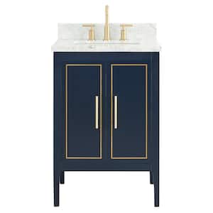 Exeter 24 in. W x 21 in. D x 34 in. H Single Sink Bath Vanity in Navy with Carrara Marble Top and Ceramic Basin
