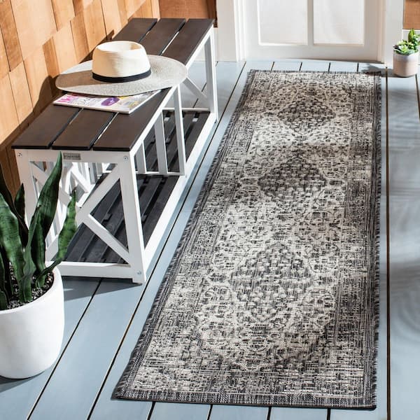 Courtyard Black/Gray 2 ft. x 8 ft. Medallion Border Indoor/Outdoor Runner Rug