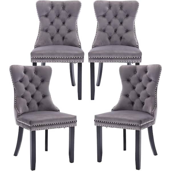 Dark Grey Velvet Upholstered Dining Chairs Side Chairs Set of 4 Accent Diner Stylish Kitchen with Wood Legs and Padded