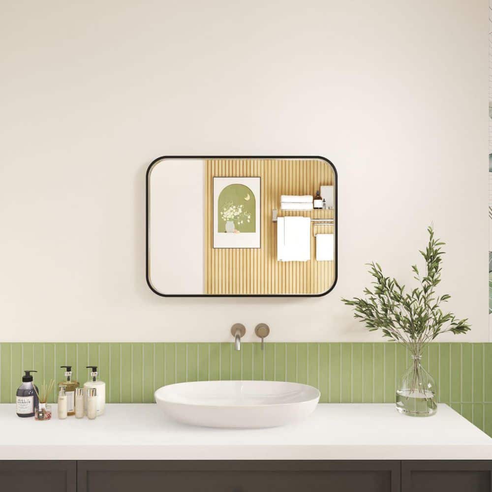 22 in. W x 30 in. H Rectangular Aluminum Framed Wall Bathroom Vanity Wall Mount Mirror in Black price history on PriceWatchPro