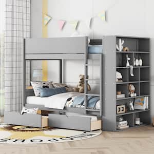 Gray Twin over Twin Wood Bunk Bed with Multi-Layer Cabinet, 2-Drawer