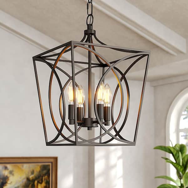 12 in. 4-Light Open Cage Metal Pendant Light, Black Farmhouse Chandelier for Kitchen Island, Dining Room, Foyer