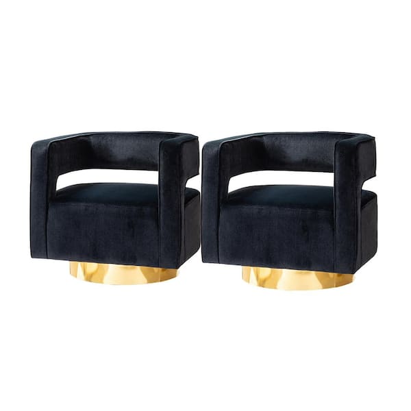 JAYDEN CREATION Bettina Golden Base Black Comfy Velvet Arm Barrel Chair with Open Back (Set of 2)