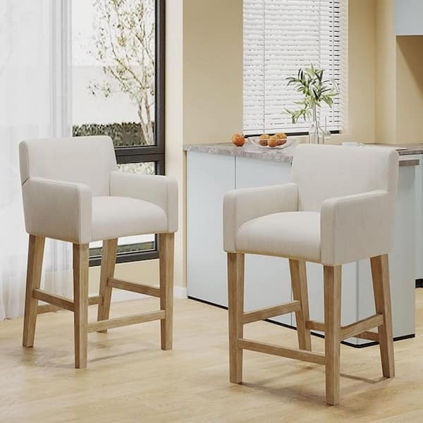 26 in. H Beige/Weathered Brown Solid Rubber Wood Frame Counter Bar Stool with Upholstered Armrests and Seat Set of 2