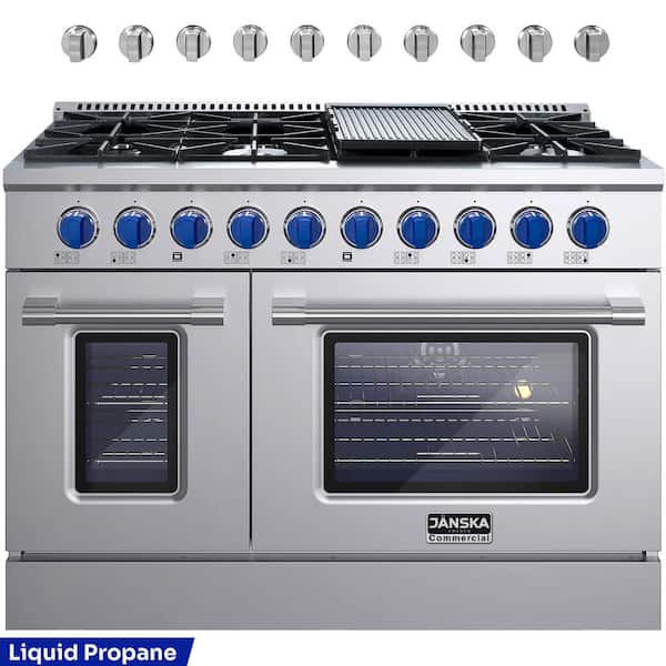 Professional 48 in. 6.7 cu. ft. LP Ready Gas Range, 8-Burners, Double Oven, Griddle, in Stainless Steel with 2 Knob Sets