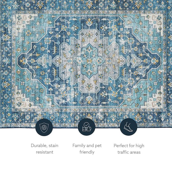 Linon Home Decor Marcy Ivory and Blue 5 ft. W x 7 ft. L Washable Polyester  Indoor/Outdoor Area Rug THDR04041 - The Home Depot