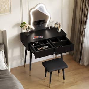 31.5 in. Black 1 Drawer Dresser with Mirror and Chair