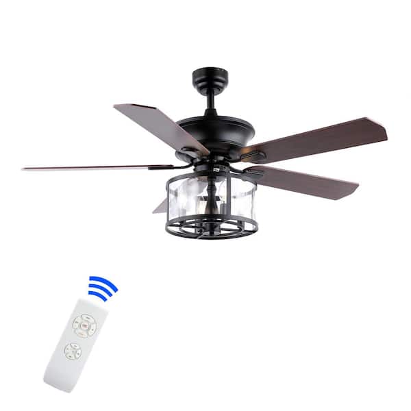 Braxton 52 in. 4-Light Black Farmhouse Industrial Iron Drum Shade LED Ceiling Fan with Remote