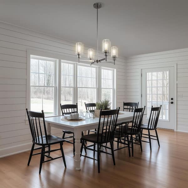 4-Light Brushed Nickel Chandelier with Adjustable Height, featuring Glass Shades, perfect for Dining Room or Entryway