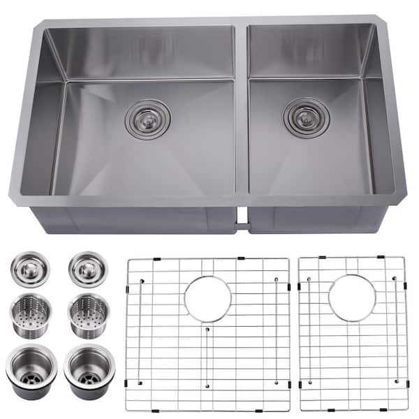 33 in. Drop in/Undermount Double Bowl 16-Gauge Gunmetal in Brushed Nickel Stainless Steel Kitchen Sink with Bottom Grids