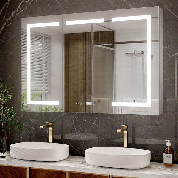 48 in. W x 36 in. H Silver Aluminum Rectangular Recessed/Surface Mount LED Medicine Cabinet with Mirror and Clock