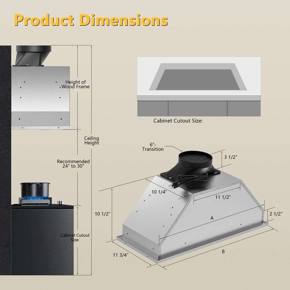 30-Inch Stainless Steel Convertible Insert Range Hood with LED Lights