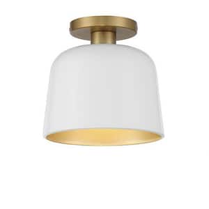 9 in. W x 9 in. H 1-Light White with Natural Brass Semi-Flush Mount with Metal Shade