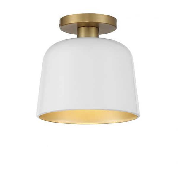 Savoy House 9 in. W x 9 in. H 1-Light White with Natural Brass Semi-Flush Mount with Metal Shade