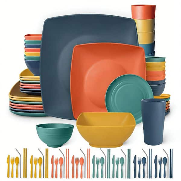 88-piece Colorful Wheat Straw Dinnerware Set for 8, Plates, Snack Bowls, Dipping Sauce Cups, Tumblers, Dishwasher Safe