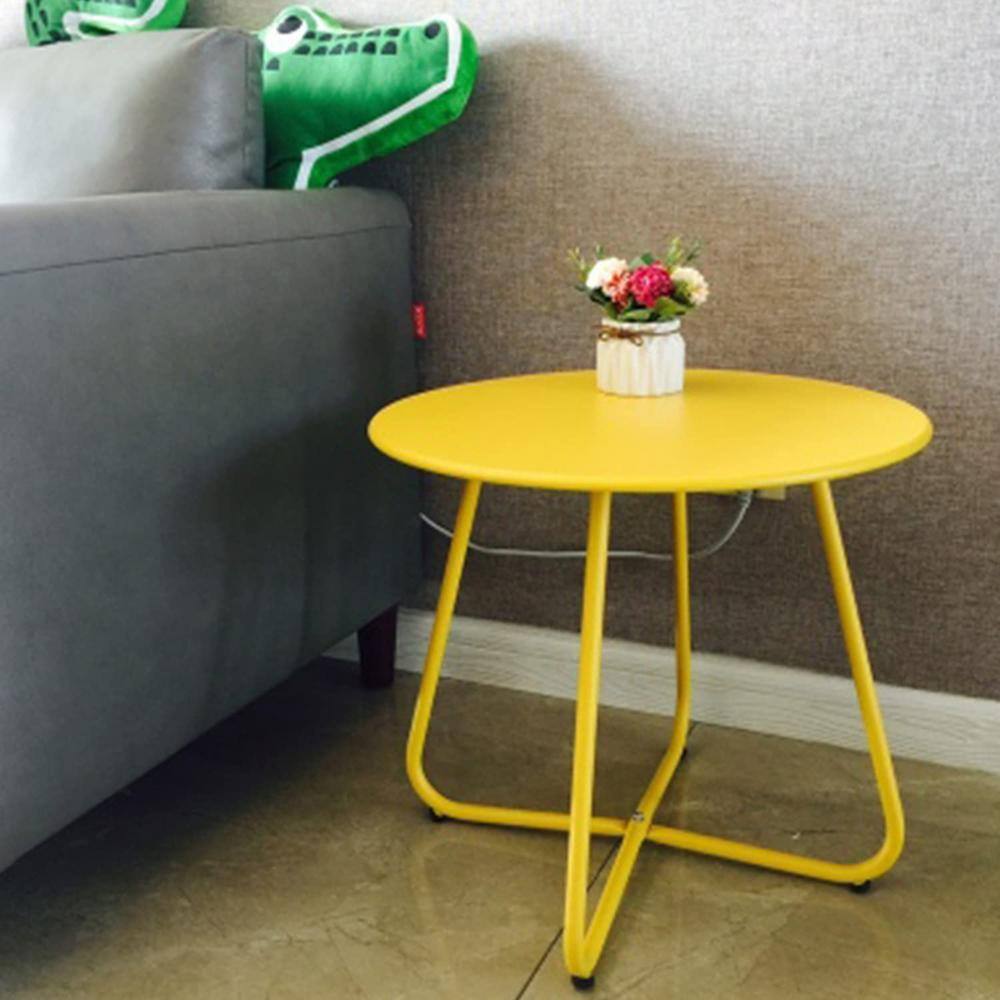 Yellow Round Metal Outdoor End Table with Adjustable Feet
