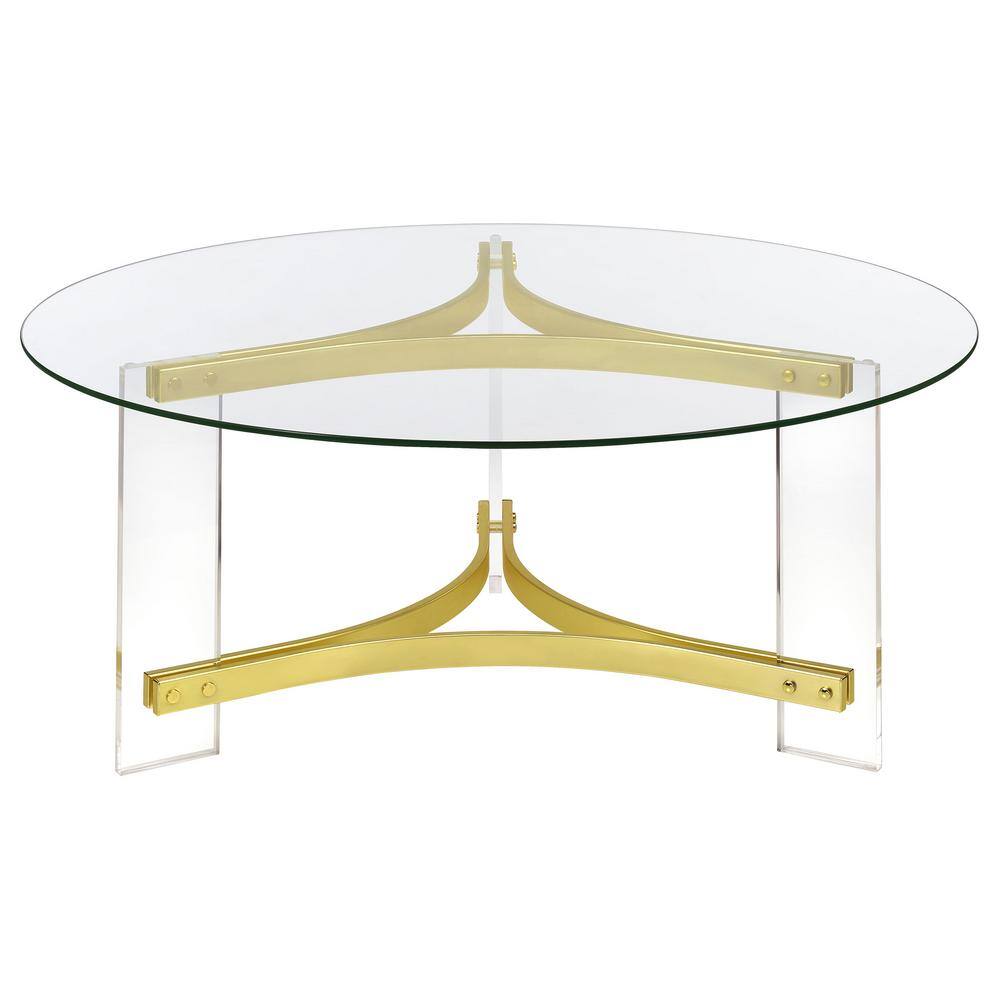 Janessa Round Glass Coffee Table with Acrylic Legs and Brass Accents