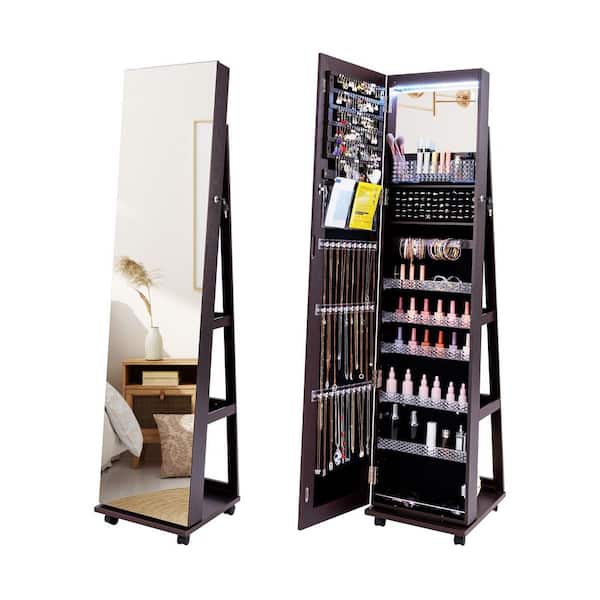 15 in. x 64 in. Brown Freestanding Lockable MDF Jewelry Armoire Organizer Cabinet Box with Mirror