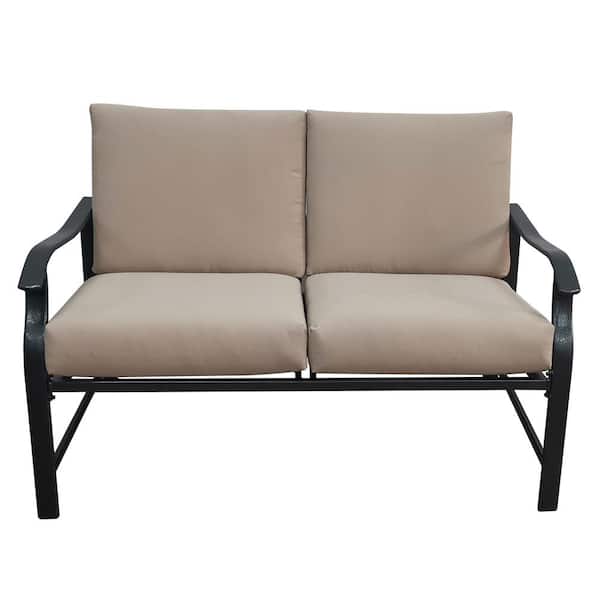 Tenleaf Black Metal Outdoor Loveseat with Beige Cushions and Table