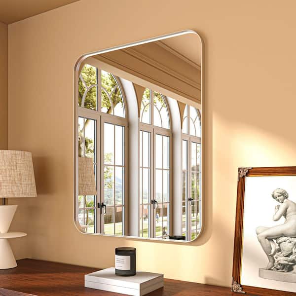 36 in. W x 32 in. H Rectangular Aluminum Framed Modern Silver Rounded Wall Mirror